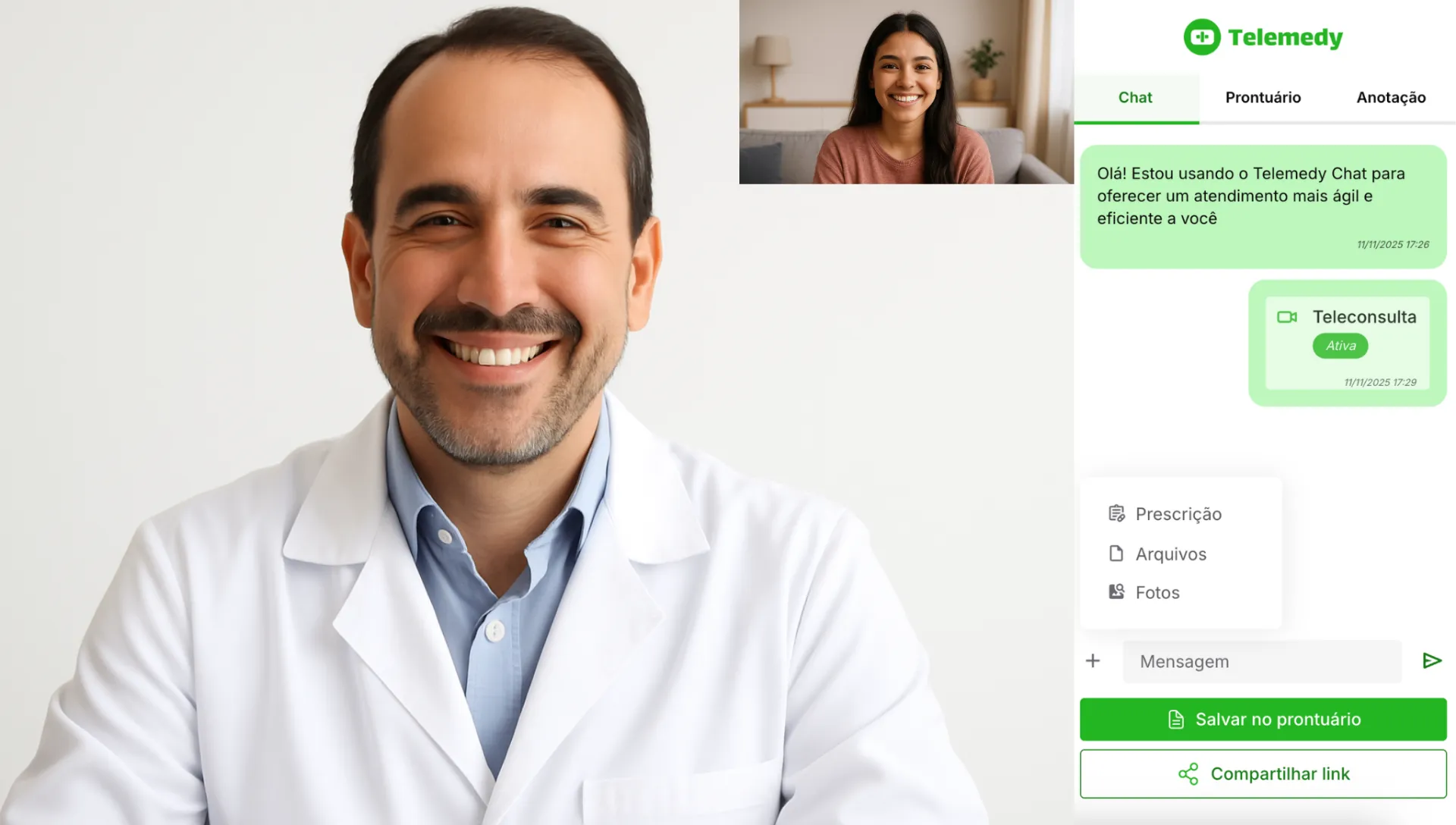Interface do Telemedy mostrando chat e teleconsulta